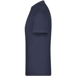A navy blue T-shirt with short sleeves and a solid design, featuring a logo.