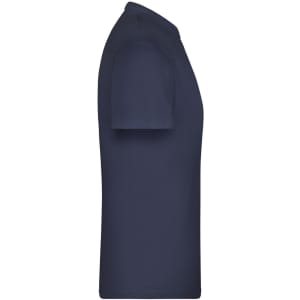 A navy T-shirt with short sleeves, featuring a logo on the side.
