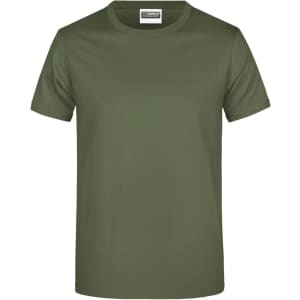 An olive green T-shirt featuring a round neckline and short sleeves. The shirt includes a logo.