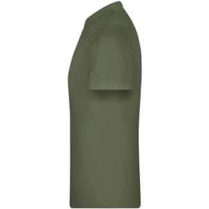 A green T-shirt displayed from the side, featuring a simple design and a logo on the fabric.