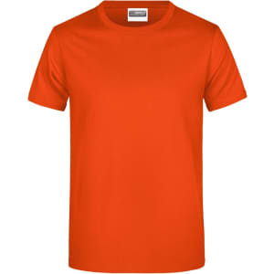 An orange T-shirt with a round neck and short sleeves. The shirt has a logo on the label.