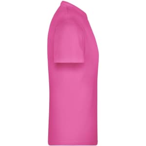 A pink T-shirt displayed from the side, featuring a simple design with no visible logos or text.