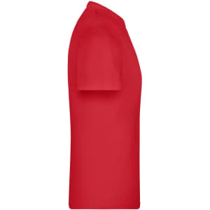 A red T-shirt displayed from the side, featuring short sleeves and a simple design with a logo.
