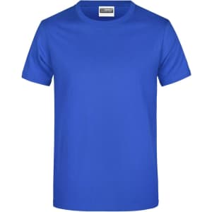 A blue promotional T-shirt featuring a logo. Short-sleeved with a classic fit.