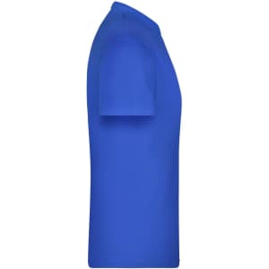 A blue T-shirt displayed from the side, featuring a plain design and a collar. It has a logo.