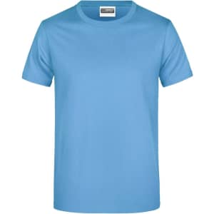 A light blue T-shirt with short sleeves and a round neckline. The shirt features a logo on the label.