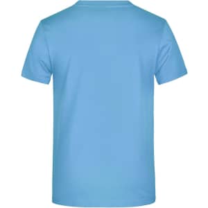 A light blue T-shirt with a plain back design, featuring a logo. Suitable for promotional use.