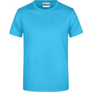 A vibrant blue T-shirt featuring a round neck and short sleeves, with a logo on the label.