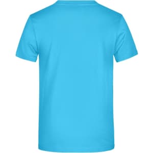 A light blue T-shirt with a plain back and a logo on the tag. Suitable for promotional use.