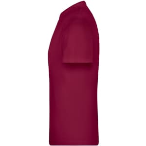 A red T-shirt with short sleeves, featuring a side view and a logo on the fabric.