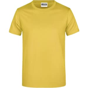 A yellow T-shirt with a round neck and short sleeves, featuring a logo on the label.