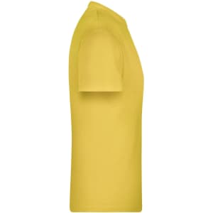 A yellow T-shirt displayed from the side, featuring a simple design and a soft fabric texture. It has a logo.