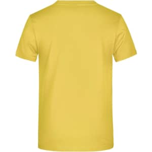 A yellow T-shirt with a plain design, featuring a short sleeve and a crew neck. It has a logo on the back.