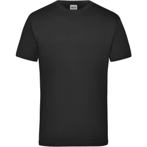 A black short-sleeved work T-shirt featuring a brand logo.