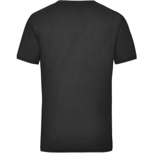 A plain black work T-shirt featuring a short sleeve design and a logo on the back.