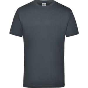 A dark grey t-shirt with a round neck and short sleeves. The shirt features a tag on the inside neck.