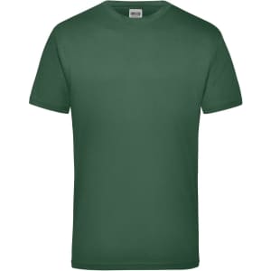 A green work T-shirt with a round neck and short sleeves, featuring a label in the neckline and a simple design.