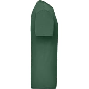 A green work t-shirt displayed from a side view, featuring a round neckline and short sleeves. It has a logo.