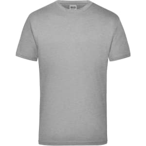 A grey short-sleeved work T-shirt featuring a logo on the label.