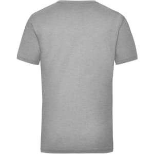 A grey work t-shirt with a simple design and a logo on the back.