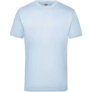 A light blue T-shirt with short sleeves and a round neckline, featuring a logo.