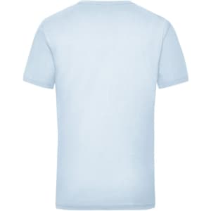 A light blue T-shirt with short sleeves and a plain back. It features a logo at the neck.