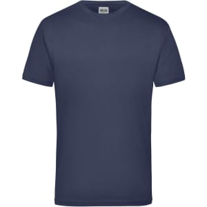 A navy blue work T-shirt featuring a crew neckline and short sleeves, with a logo on the label.