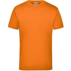 An orange short-sleeved T-shirt with a round neck and a logo on the label.