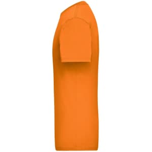 An orange work T-shirt displayed from the side, featuring a simple design and a logo on the chest.