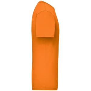 An orange work t-shirt, featuring a simple design and short sleeves. It has a logo on the side.
