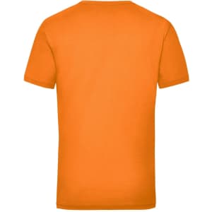 An orange work T-shirt featuring a plain back design and a logo.