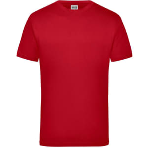 A red work T-shirt with short sleeves and a plain design, featuring a logo on the label.