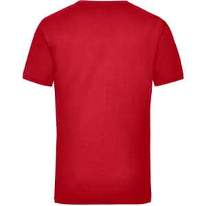 A red work T-shirt with a crew neckline and short sleeves, featuring a branding logo.