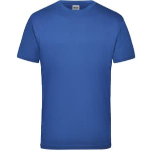 A blue work t-shirt featuring short sleeves and a round neckline, with a logo on the label.