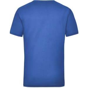 A blue work t-shirt featuring a plain design with short sleeves and a crew neckline. It has a logo on the back.