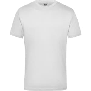 A plain white t-shirt with short sleeves. The shirt has a logo on the tag inside the collar.