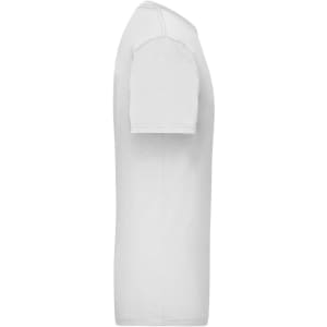 A white T-shirt with short sleeves, featuring a slight curve at the hem and a logo on the shirt.