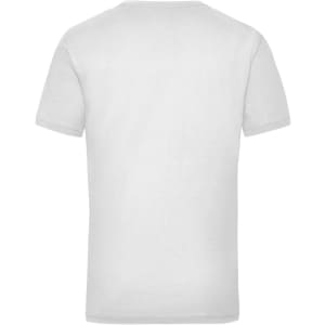 A plain white short-sleeve work T-shirt featuring a logo on the back.