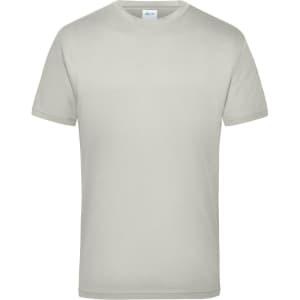 A light grey work T-shirt with short sleeves and a round neckline, featuring a logo on the label.