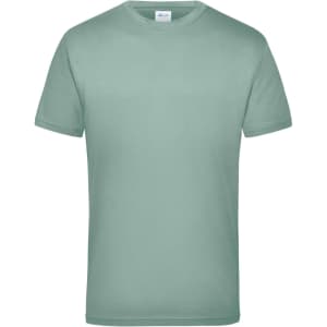 A mint green work T-shirt with short sleeves and a crew neck, featuring a logo on the label.
