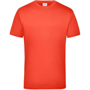 An orange T-shirt with short sleeves, featuring a logo on the front.
