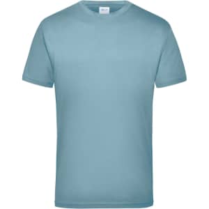 A work T-shirt in a light blue shade with a simple design and a logo on the tag.