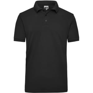 A black work polo shirt with a collar and short sleeves, featuring a logo on the chest.