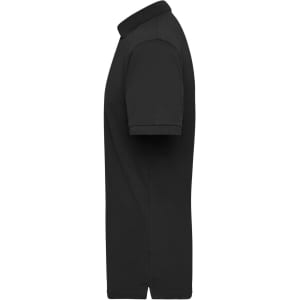 A black work polo shirt with short sleeves, featuring a collar and a logo.