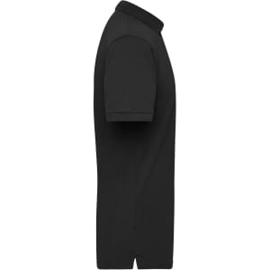 A black polo shirt with short sleeves and a collar, featuring a logo on the front.