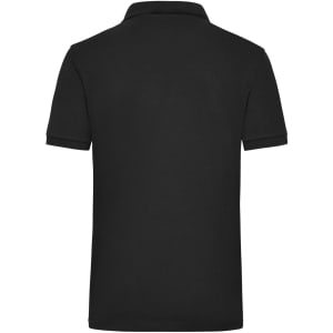 A black work polo shirt with a collar, featuring short sleeves and a logo on the back.