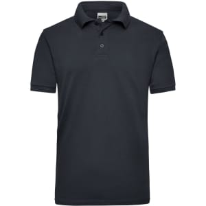 A navy blue polo shirt for men with a collar and three buttons, featuring a logo on the chest.