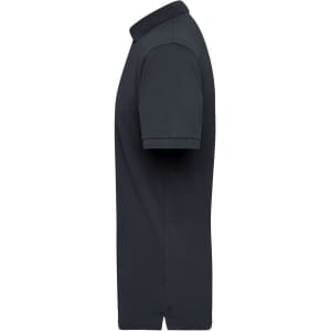 A dark navy blue work polo shirt with short sleeves and a collar, featuring a logo on the chest.