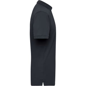 A navy blue work polo shirt for men, featuring a collar and short sleeves, with a logo displayed.