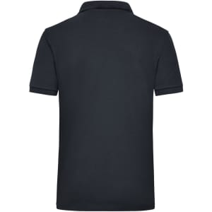 A men's work polo shirt in dark navy, featuring a classic collar and short sleeves. It has a logo on the back.